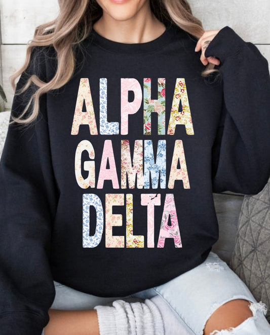 Alpha Gam floral on black spirit wear