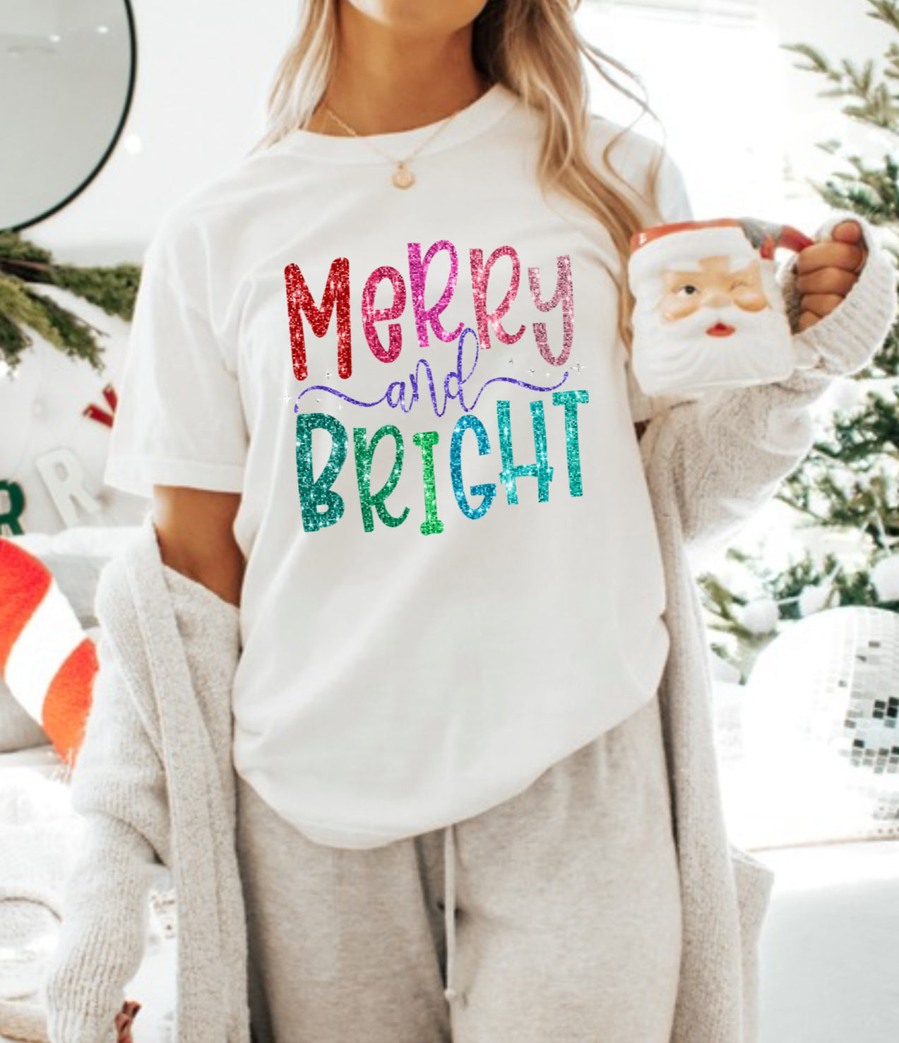 Faux glitter Merry and Bright tshirt or sweatshirt