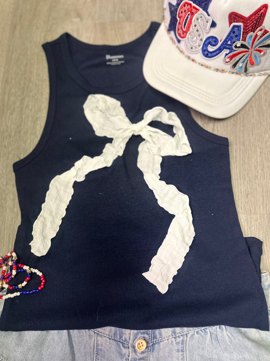 Navy Bow tank top white ribbon