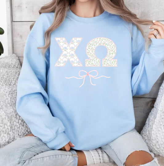 Chi O floral on blue  spirit wear