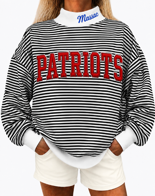 Black white stripe mock neck Massac Patriots  appliquéd with cotton fabric, photo is mock up to show idea