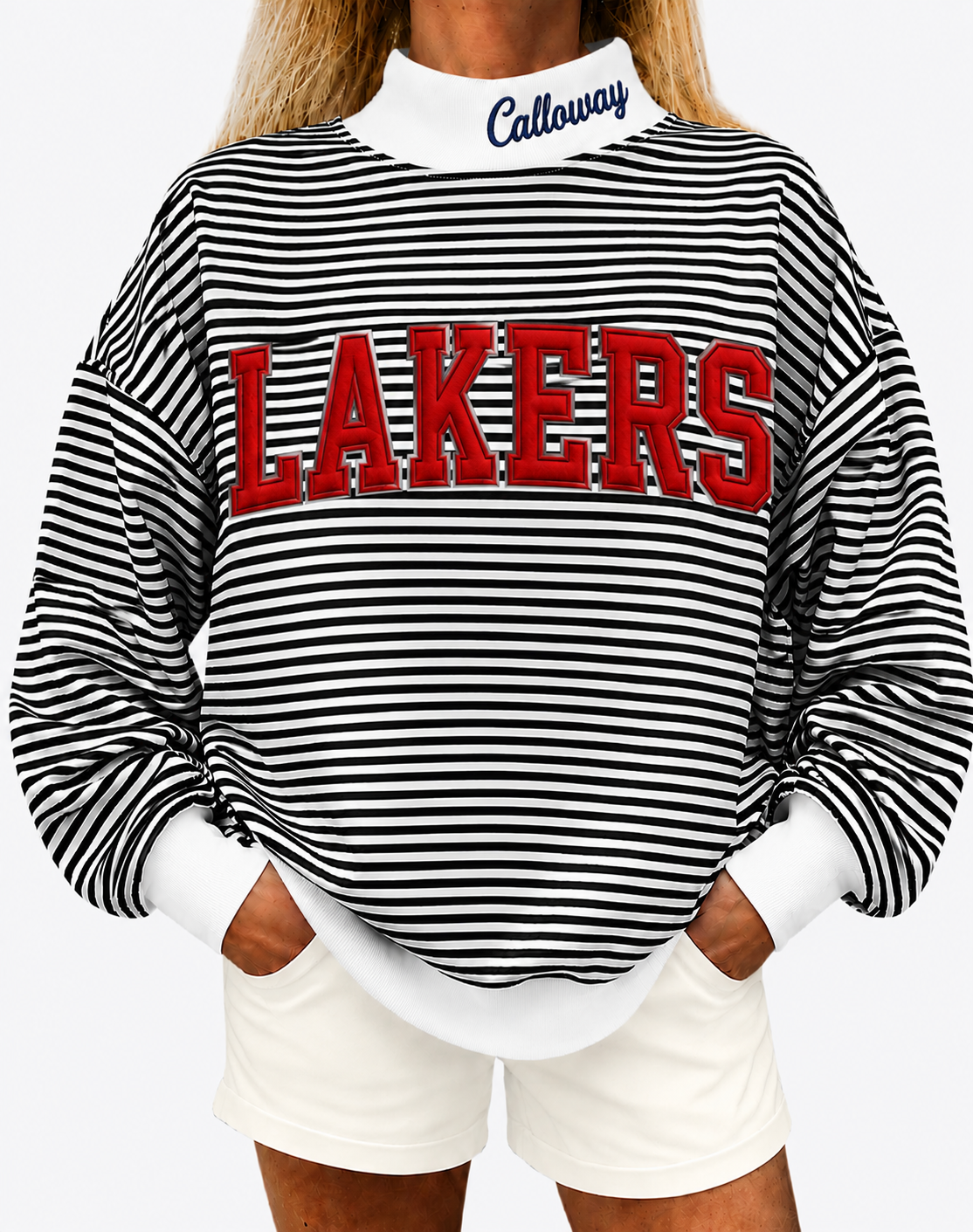 Black white stripe mock neck Calloway Lakers with cotton fabric, photo is mock up to show idea