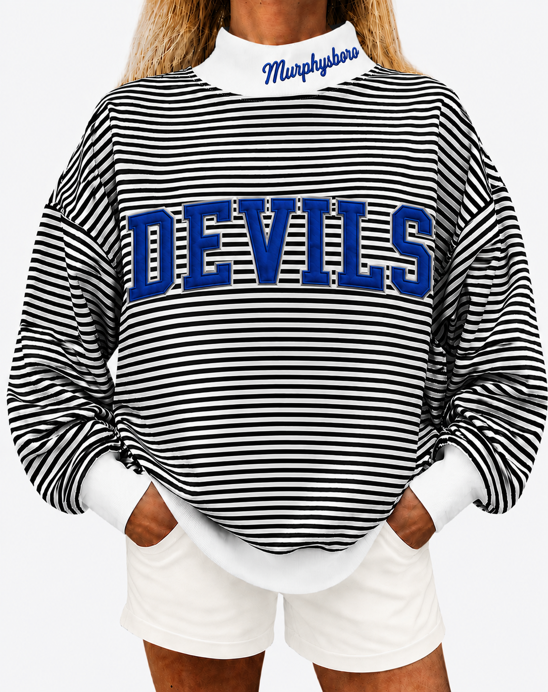 Black white stripe mock neck Murphysboro Devils with cotton fabric, photo is mock up to show idea