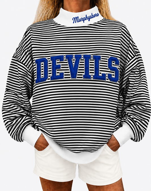 Black white stripe mock neck Murphysboro Devils with cotton fabric, photo is mock up to show idea