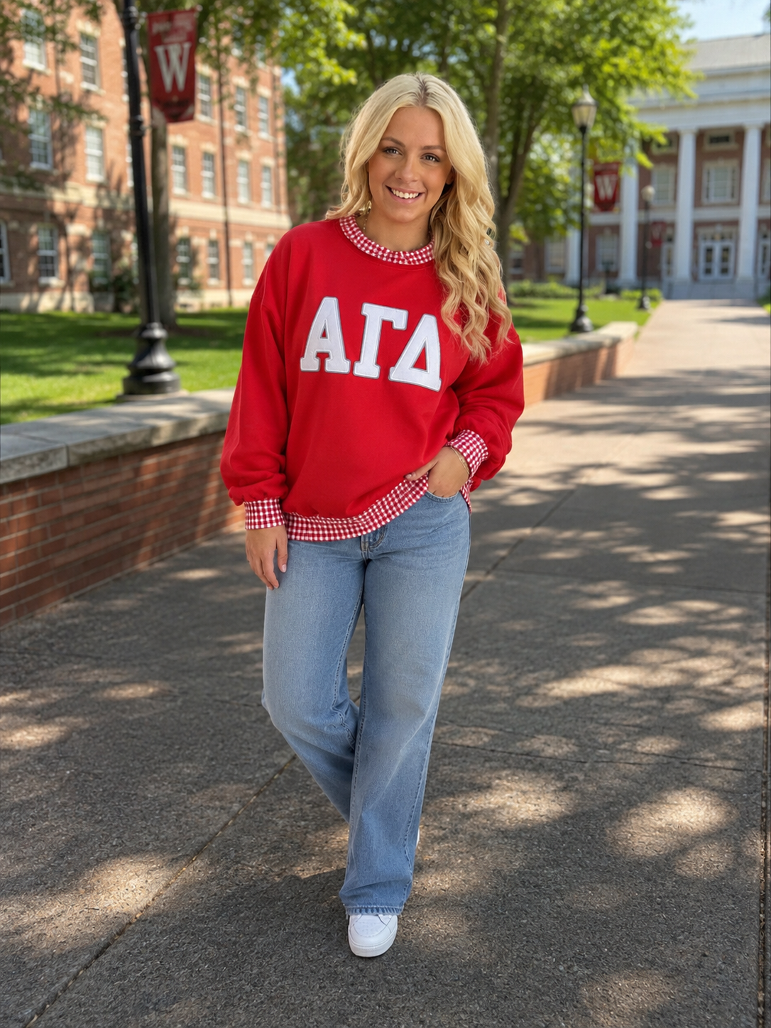 AGD red with gingham mock neck