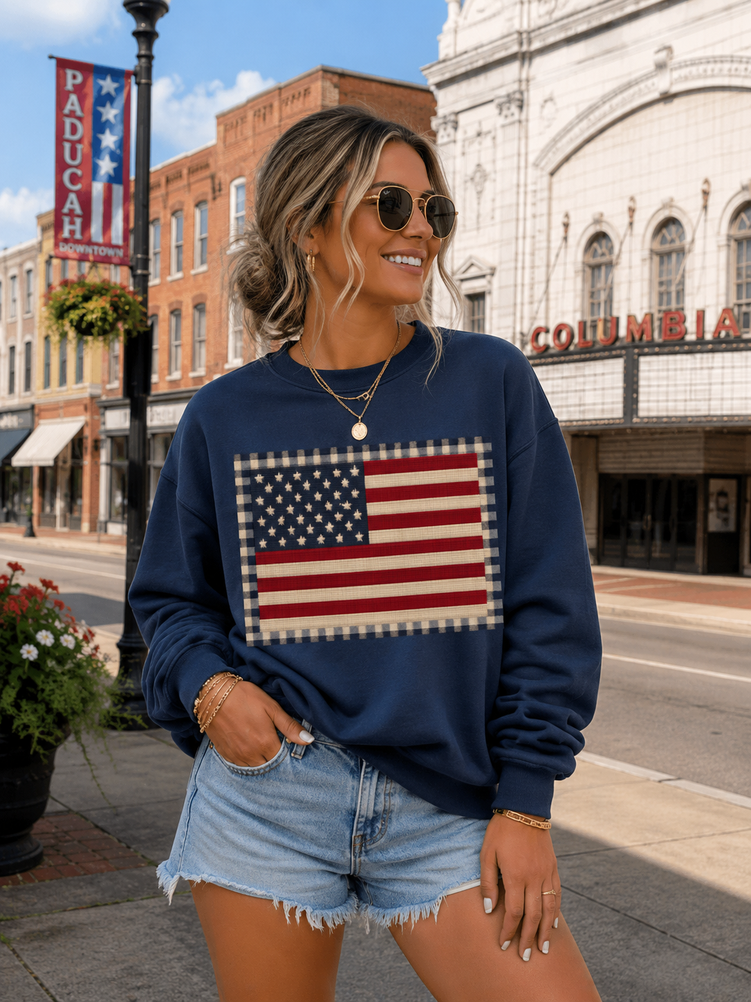 Navy T-shirt or Sweatshirt Faux Needle point Flag