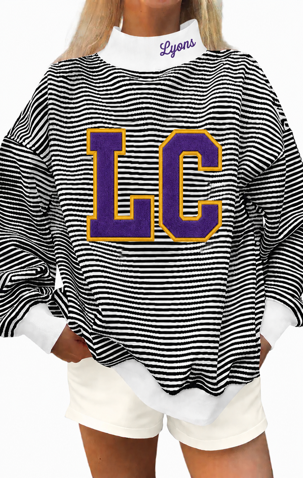 Black white stripe mock neck Lyon County Lyons with cotton fabric, photo is mock up to show idea