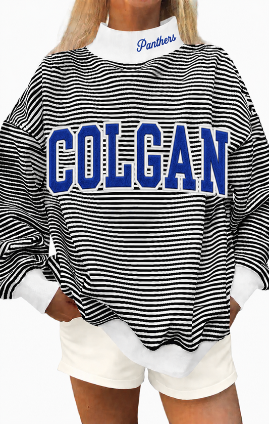 Black white stripe mock neck Colgan Panthers with cotton fabric, photo is mock up to show idea