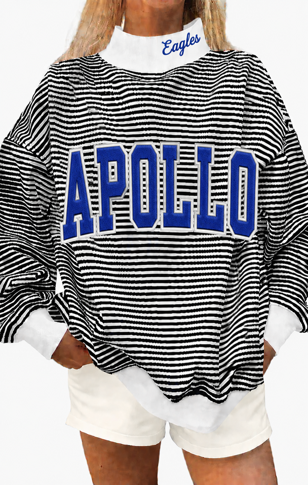 Black white stripe mock neck Apollo Eagles with cotton fabric, photo is mock up to show idea