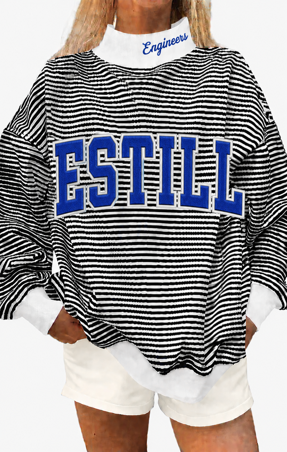 Black white stripe mock neck Estill Engineers with cotton fabric, photo is mock up to show idea