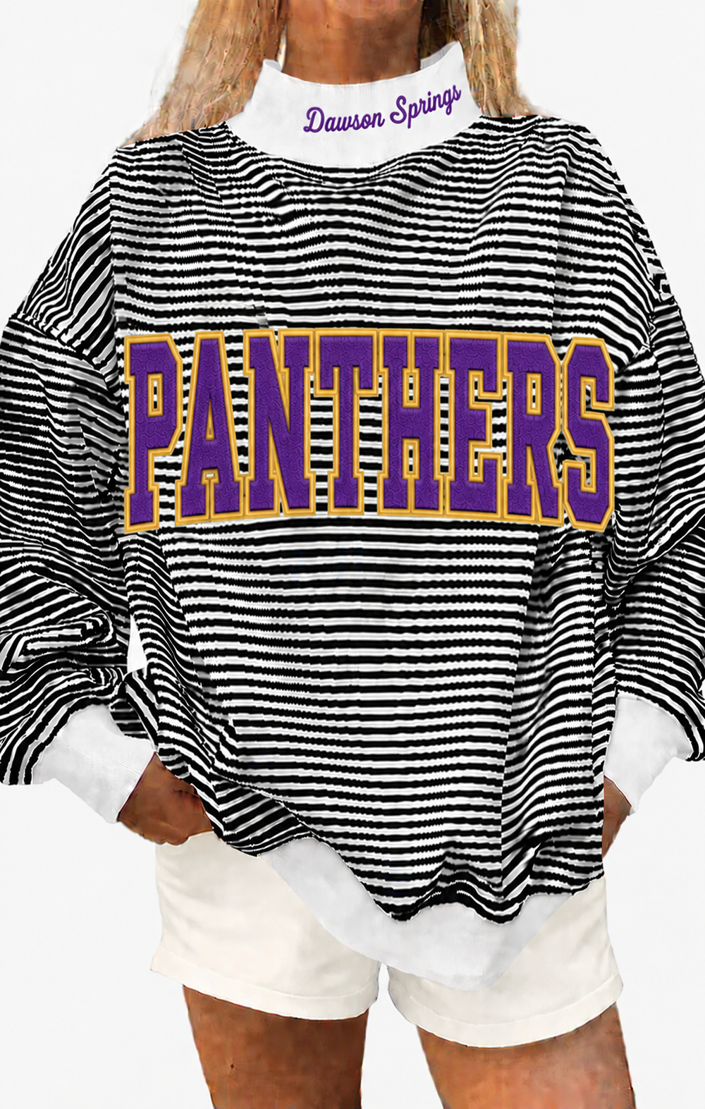 Black white stripe mock neck Dawson Springs Panthers with cotton fabric, photo is mock up to show idea