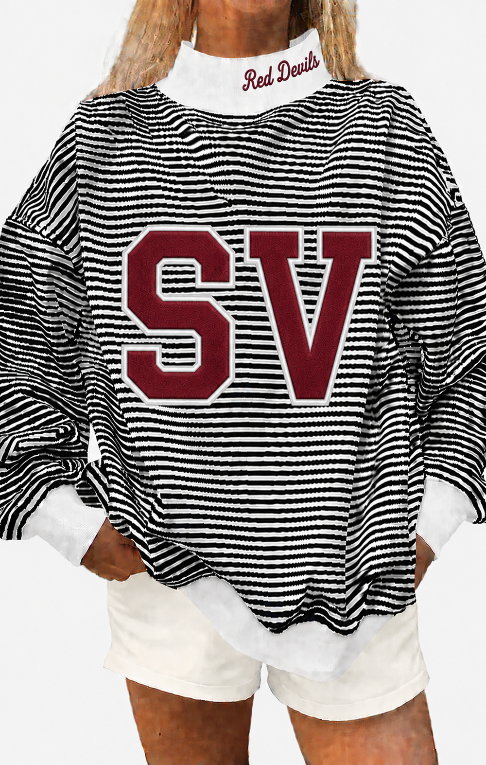 Black white stripe mock neck SV Red Devils with cotton fabric, photo is mock up to show idea